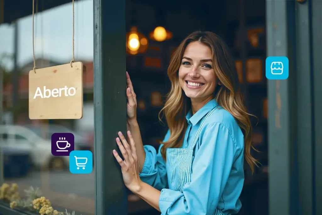 Mulher sorrindo em frente a um letreiro de negócios, transmitindo uma imagem de confiança e profissionalismo.