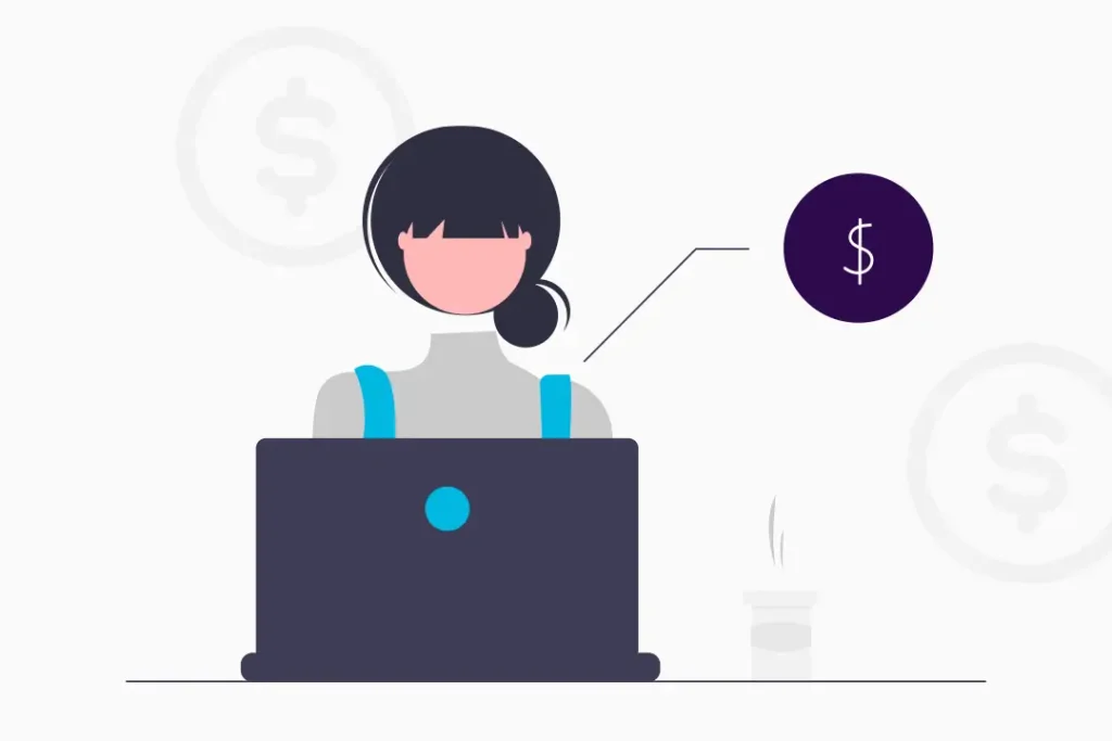 Gestão Financeira para Iniciantes: Domine as finanças da sua empresa 1 Mulher sentada à mesa com um laptop, simbolizando gestão financeira, ao lado de um sinal de dólar.