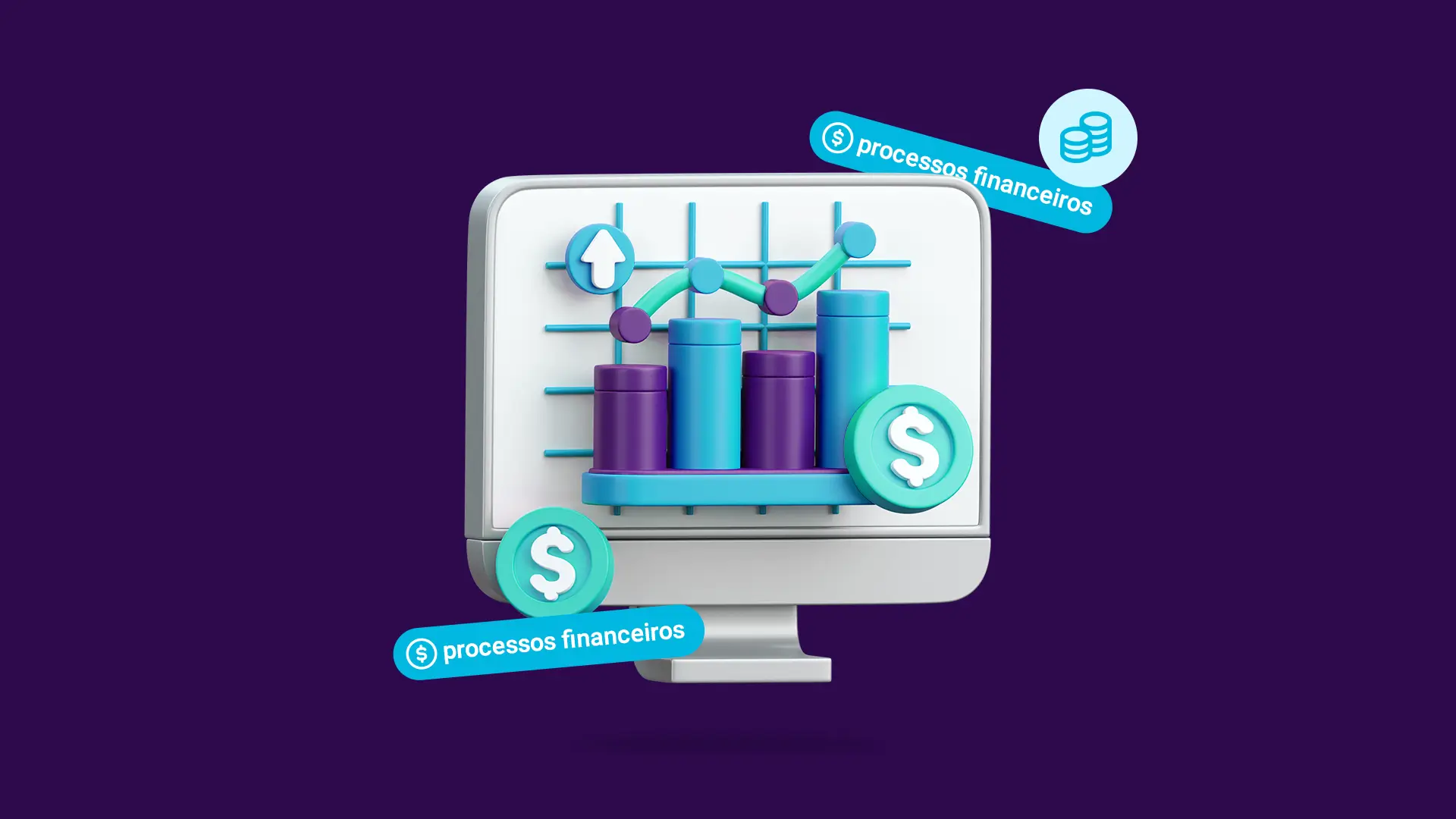 Ilustração 3D de um gráfico financeiro subindo em um monitor, representando a otimização de processos financeiros para empresas.