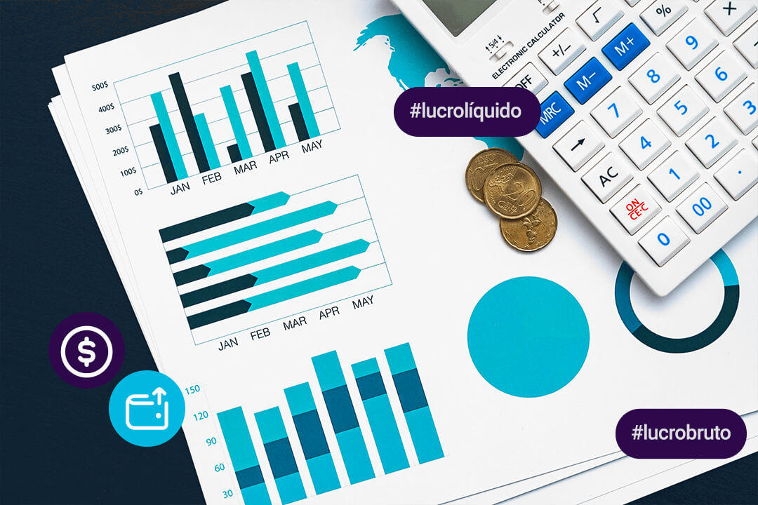 Imagem de um cálculo de negócios com uma calculadora, destacando a diferença entre lucro líquido e lucro bruto.